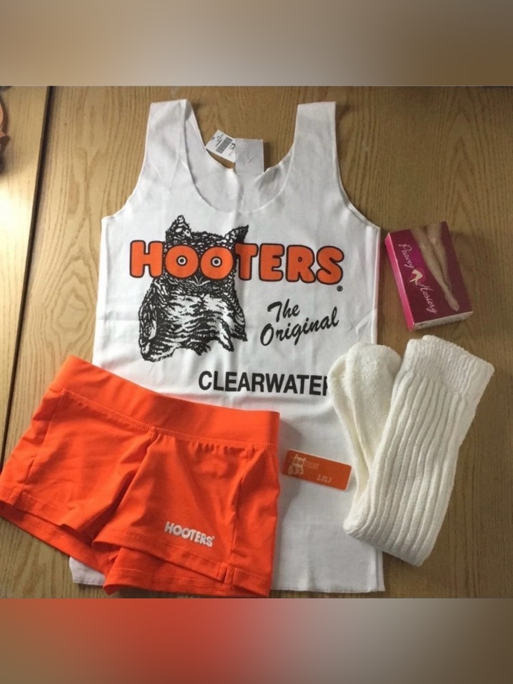Hooters Uniform Set Tank Shorts Socks Pantyhose Name Tag Like New